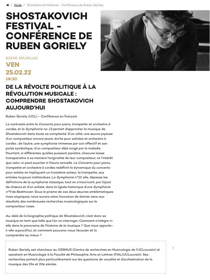 Page Internet. Beaux-Arts. Conférence. De la révolte politique à la révolution musicale - comprendre Shostakovich aujourd|hui. 2022-02-25